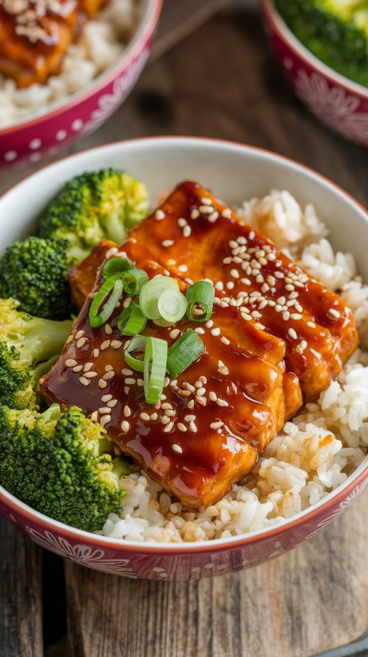 A delicious bowl of teriyaki tempeh with rice and broccoli, garnished with sesame seeds and green onions on a rustic wooden table.